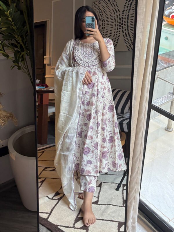 Elegant Off White Pure Cotton Floral Yoke Embroidered Anarkali Kurta Set