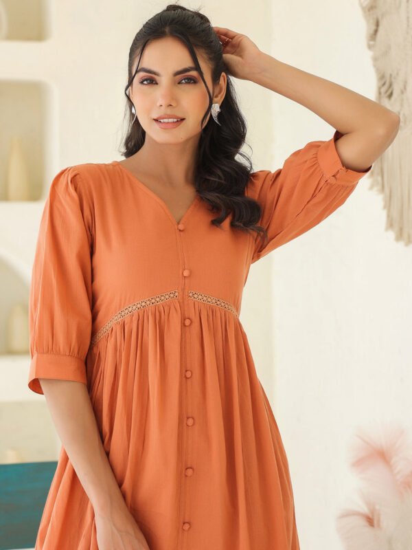 Coral Orange Cotton Solid Flared Western Dress