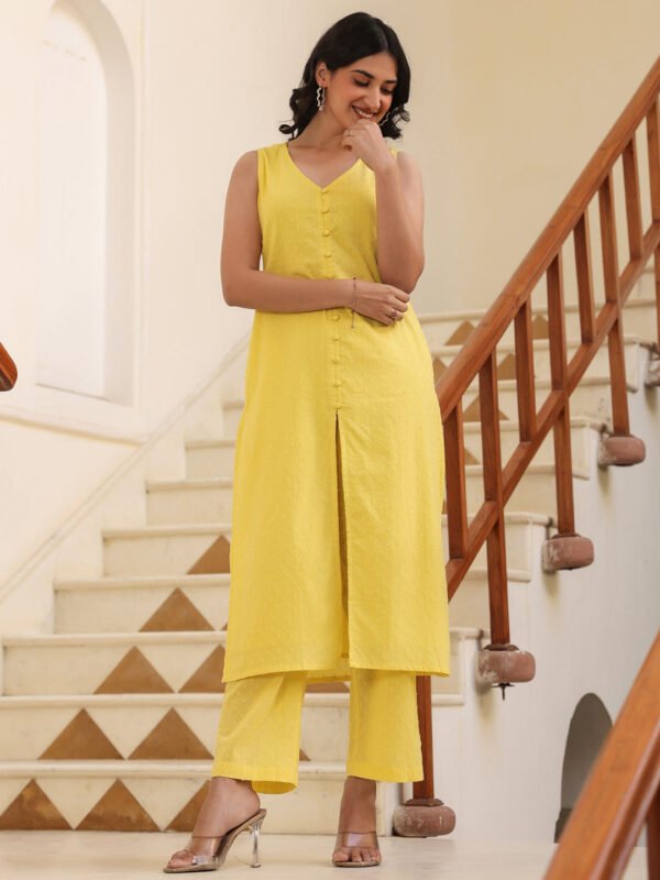 Yellow Dobby Kurta and Pants Set in Natural Cotton with Unique Design
