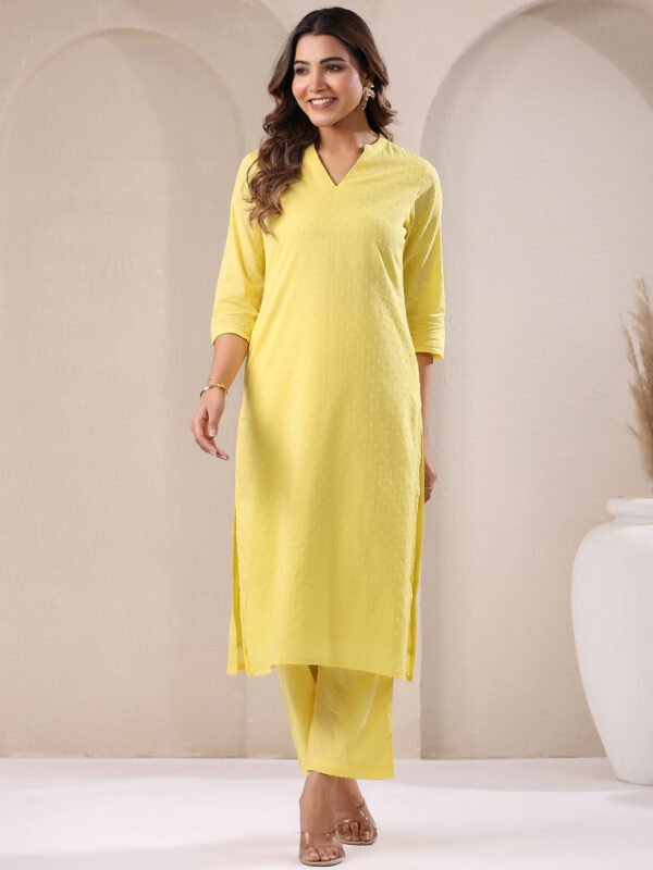Elegant yellow cotton Dobby set – simple jacket and pants with a unique pattern