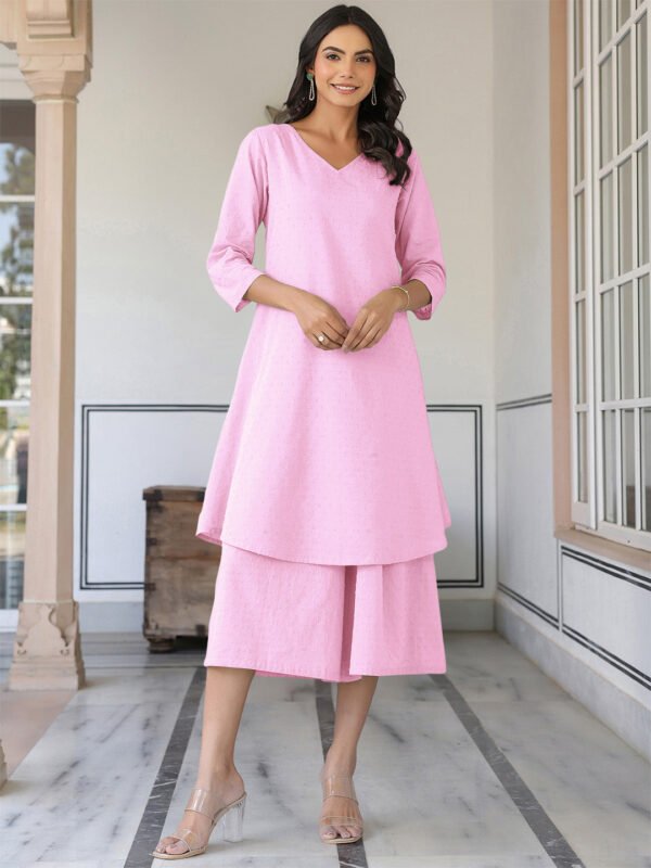 Pink Dobby Pure Cotton Self Design A-line Kurta With Culotte Pant Set