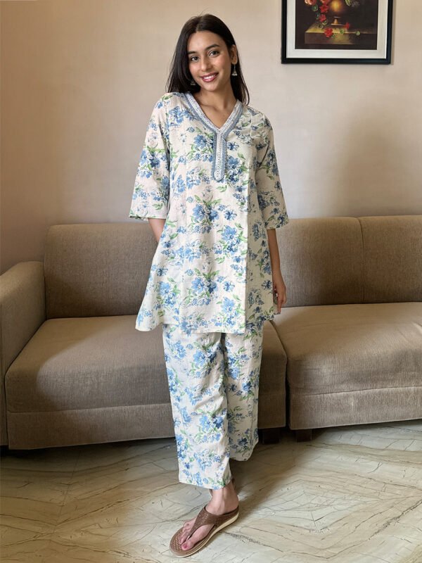 Off White Cotton Yoke Embroidery A-line Co-ord Set