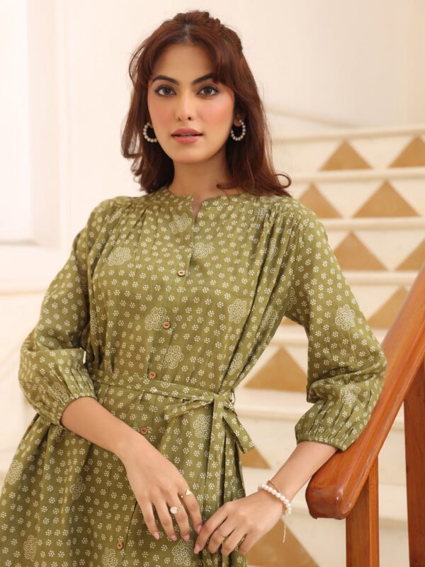 Olive Green Pure Cotton Floral Printed A-line Dress