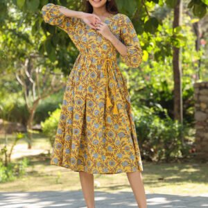 Yellow Pure Cotton Floral Printed A-line Dress