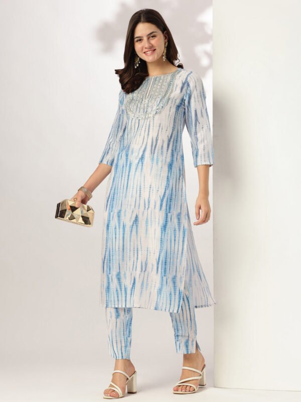 Elegant Blue Silk Blend Tie-Dye Kurta Set with Embroidered Yoke and Straight Pants