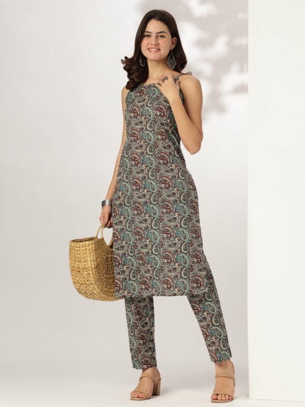 Set of Natural Cotton Kurta and Trousers with Ethnic Patterns and Multicolored Prints