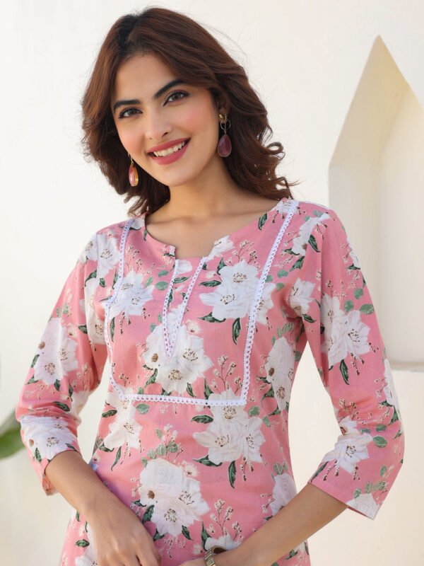 Fivyom Women’s Pink Pure Cotton Floral Printed Straight Kurta Pant Set