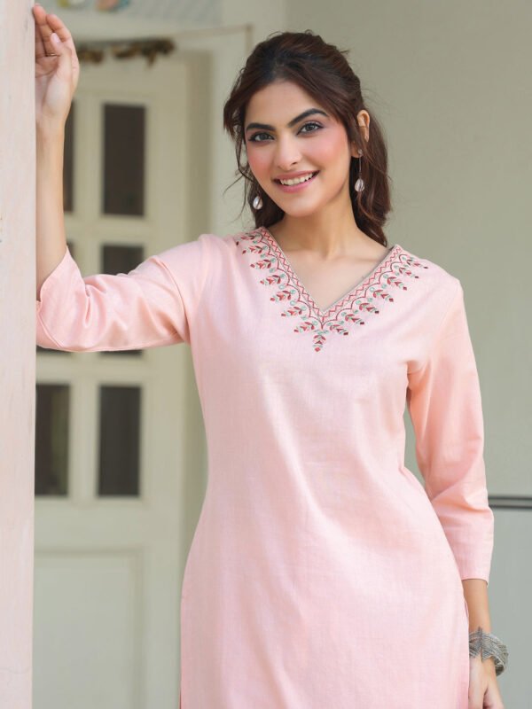 Fivyom Women’s Peach Cotton Yoke Embroidered Straight Kurta