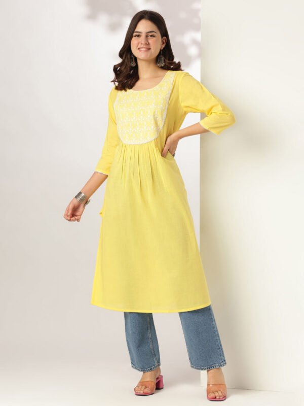 Fivyom Women’s Yellow Pure Cotton Yoke Embroidered A-line Kurta