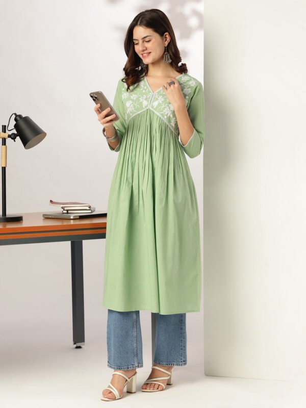 Fivyom Women’s Light Green Pure Cotton Yoke Embroidered A-line Kurta