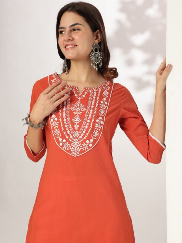 Fivyom Women’s Rust Pure Cotton Yoke Embroidered Straight Kurta