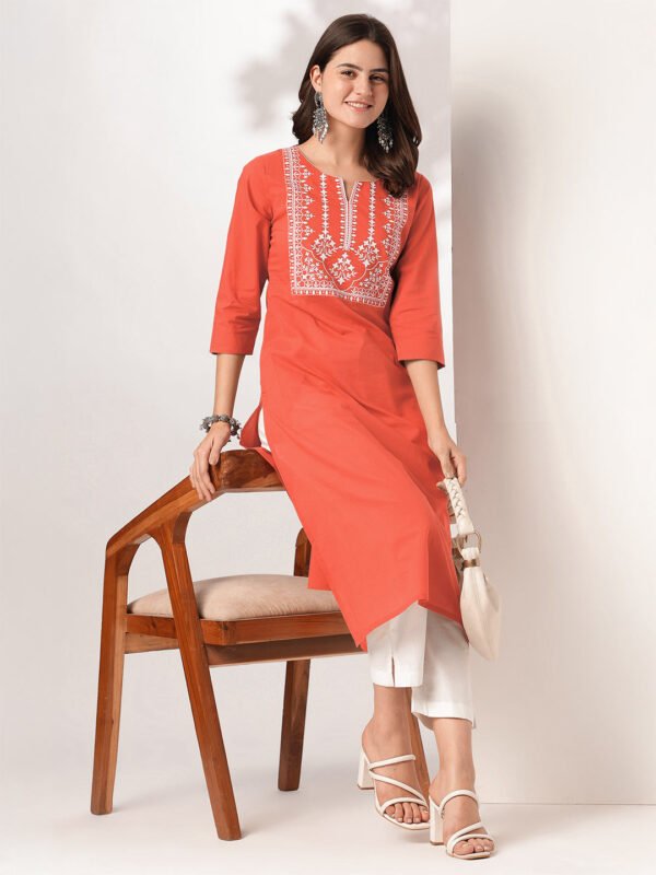 Fivyom Women’s Rust Pure Cotton Yoke Embroidered Straight Kurta