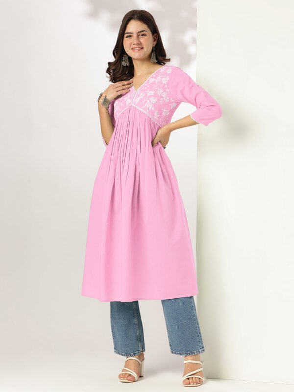Fivyom Women’s Light Pink Pure Cotton Yoke Embroidered A-line Kurta