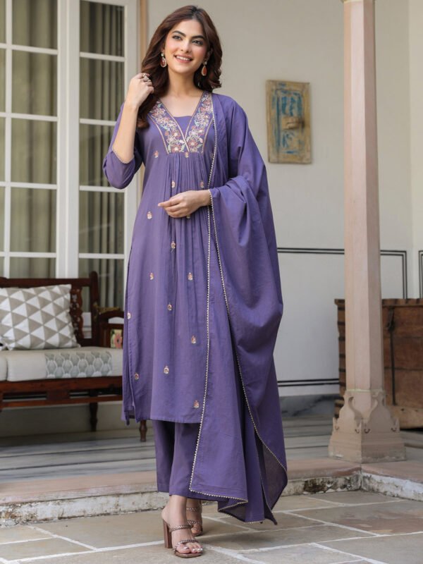 Fivyom Damen Lila Reine Baumwolle Besticktes A-Linien-Kurta-Set