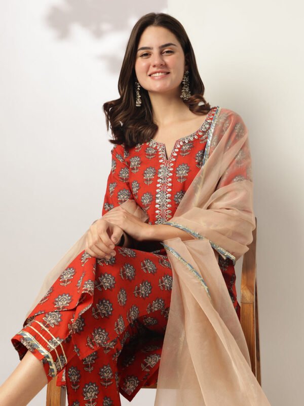 Elegant Red Pure Cotton Floral Printed Yoke Embroidered Straight Kurta Set for a Stylish Look