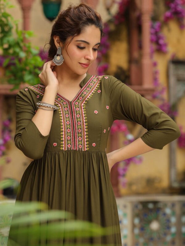 Olive Green Rayon A-Line Kurta Set with Embroidered Yoking