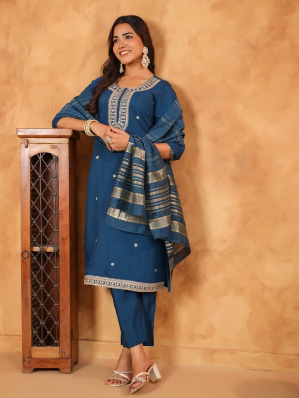 Elegant Teal Blue Silk Blend Embroidered Straight Kurta Set for a Stylish Look