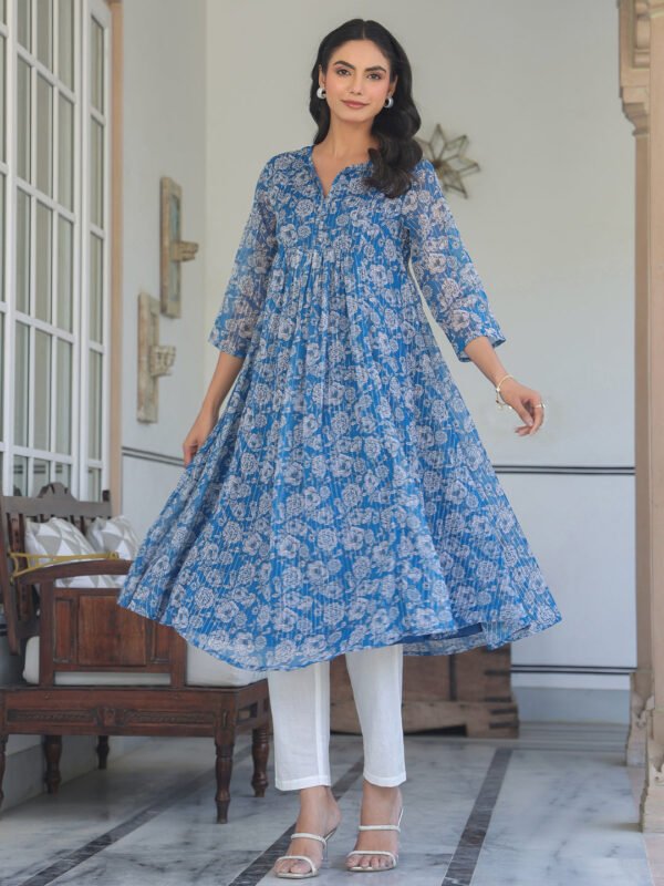 Fivyom Women’s Blue Chiffon Lurex Floral Printed A-line Kurta