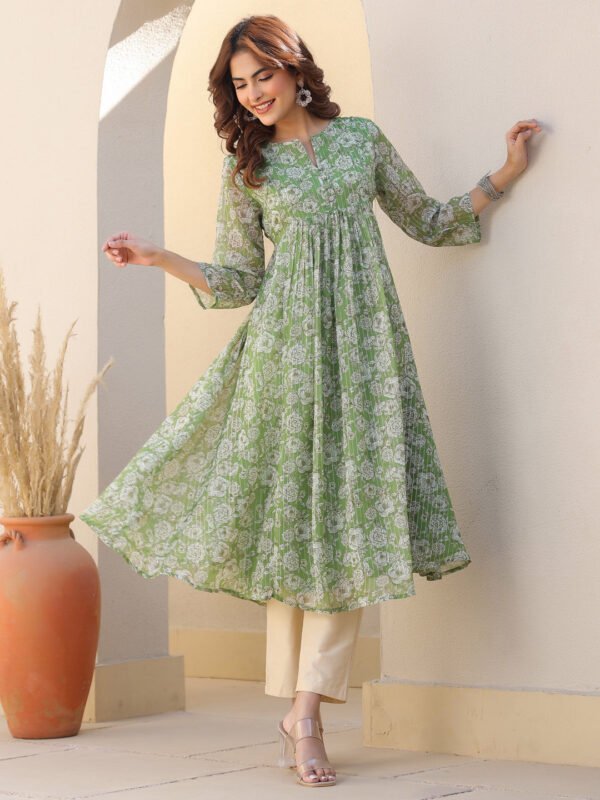 Fivyom Women’s Green Chiffon Lurex Floral Printed A-line Kurta
