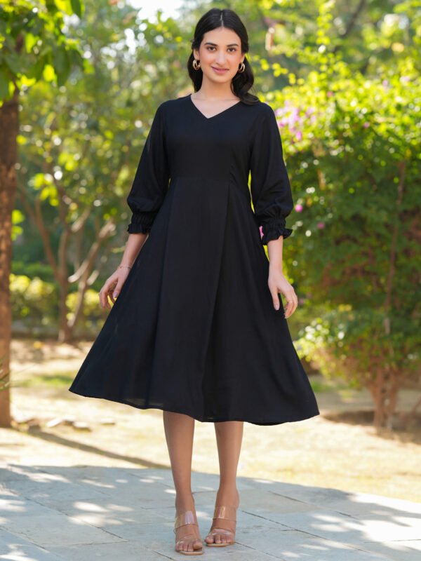 Black Rayon Solid A-line Dress