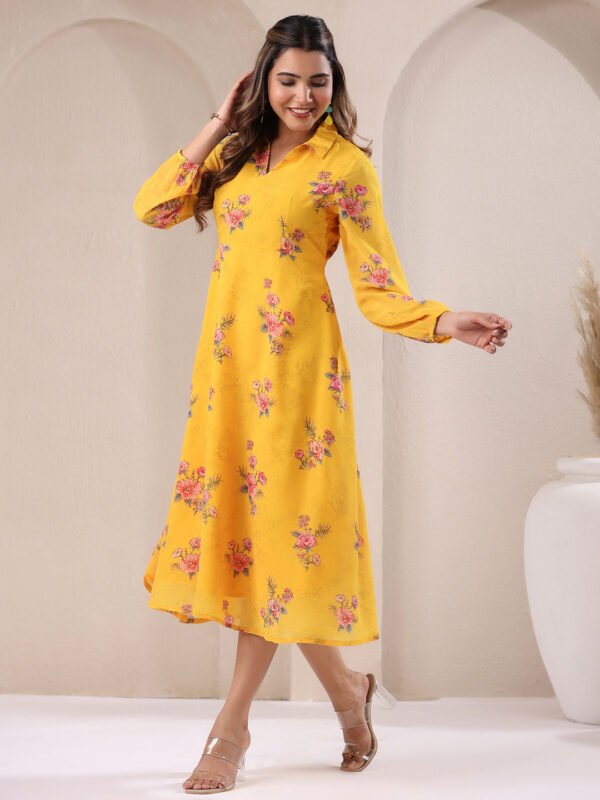 Mustard Georgette Floral Printed A-line Dress