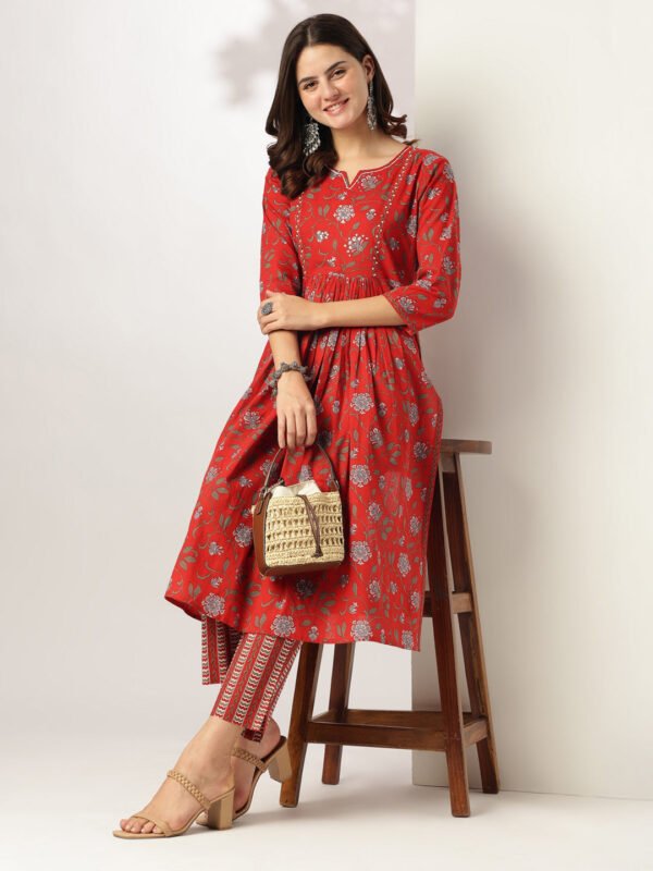 Red Cotton Floral-Print Kurta and Pants Set