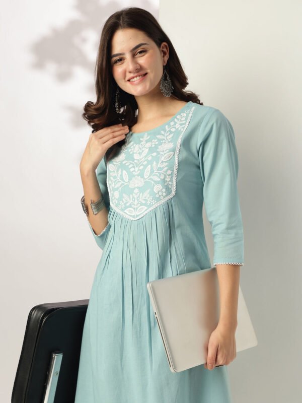 Fivyom Women’s Light Blue Pure Cotton Yoke Embroidered A-line Kurta
