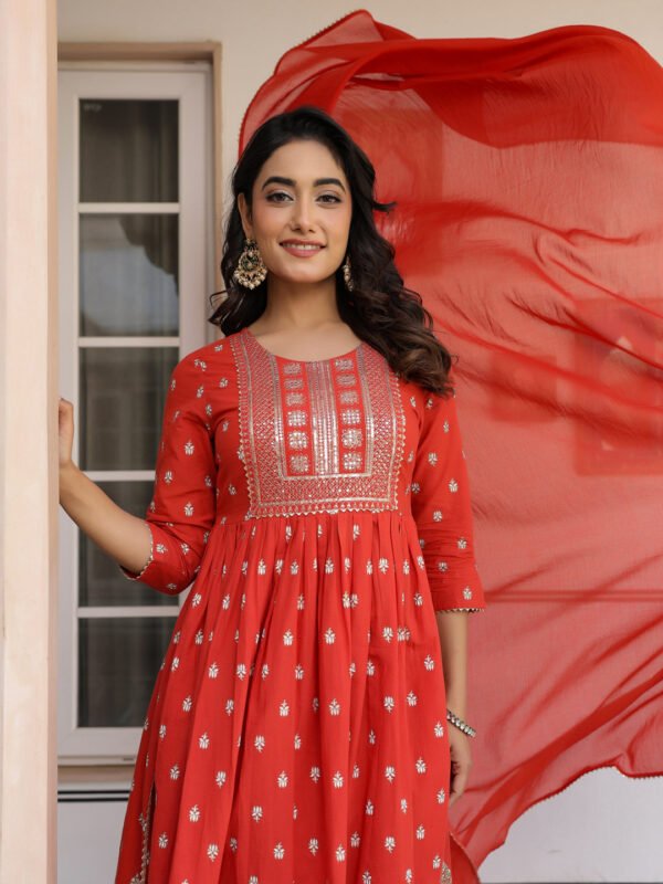 Elegant Red Pure Cotton Foil-Printed Kurta Pant with Embroidered Yoke and Dupatta Set