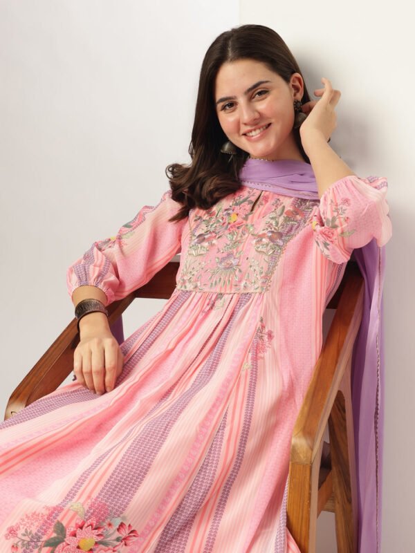 Elegant Pink Georgette Floral Embroidered A-line Kurta Set for a Stylish Look