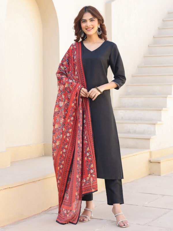 Fivyom Women’s Elegant Black Silk Blend Straight Kurta and Pant Set with Stylish Printed Dupatta
