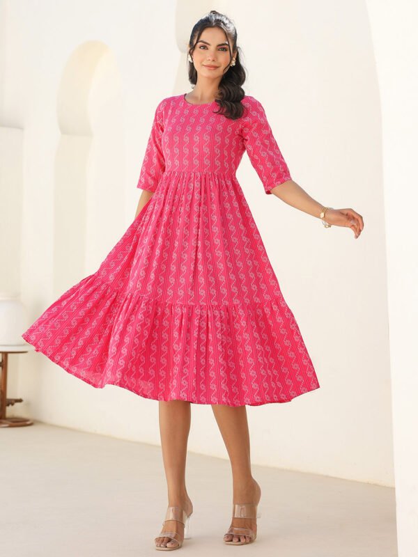 Pink Cotton Woven Design Tiered Western Dress