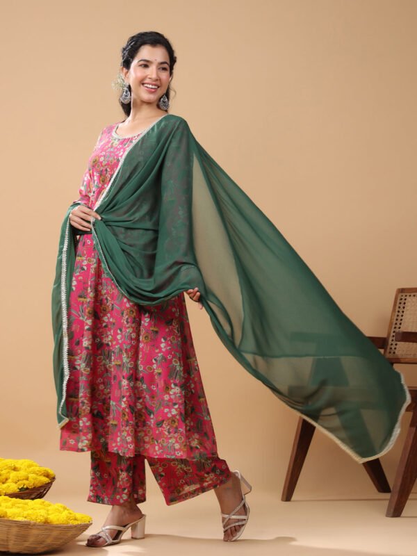 Elegant Pink Georgette Digital Floral Print Kurta Palazzo Ensemble