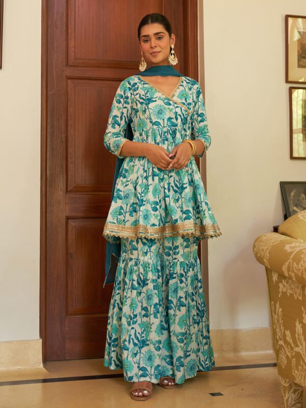 Elegant White Cotton Floral Printed Short Kurta Set with Sharara and Matching Dupatta