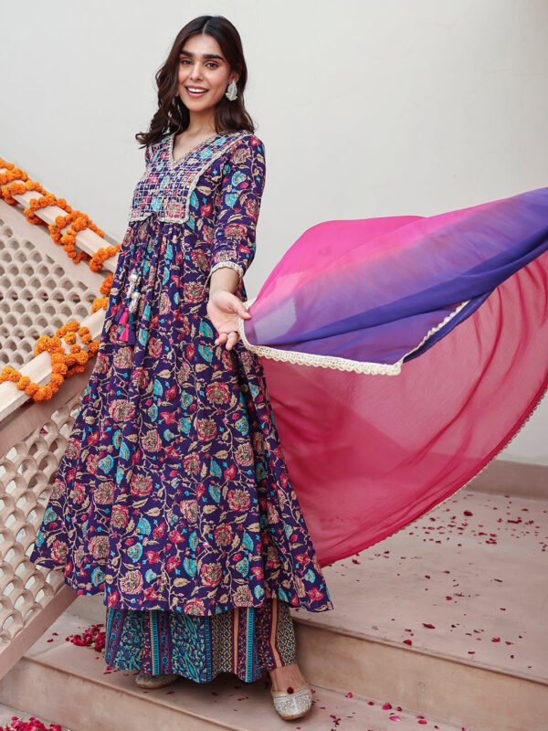 Elegant Purple Cotton Ethnic Kurta with Embellishments, Flared Palazzo, and Matching Dupatta