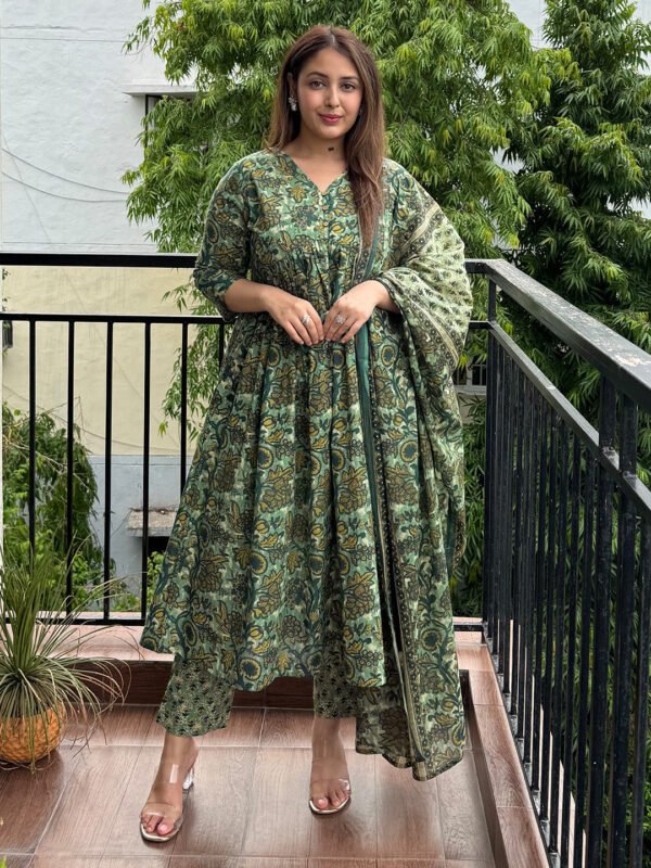 Elegant Sea Green Pure Cotton Floral Print A-line Kurta Set for a Stylish and Comfortable Look