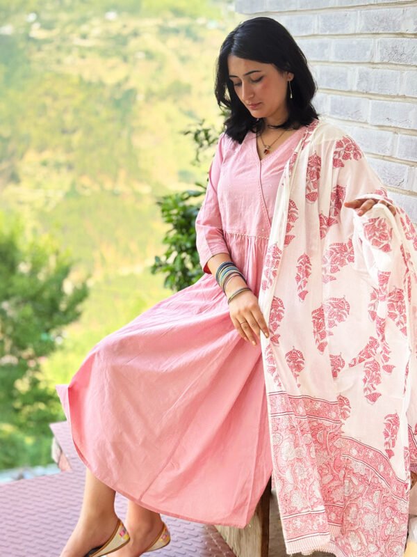 Elegant Light Pink Pure Cotton Floral Print A-line Kurta Set for a Stylish and Comfortable Look