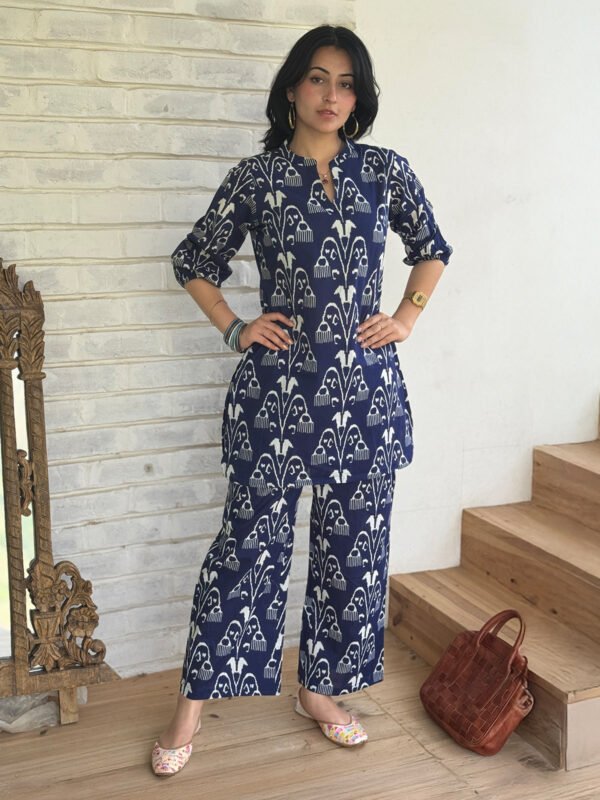 Navy Blue Pure Cotton Ikkat Printed Straight Co-ord Set